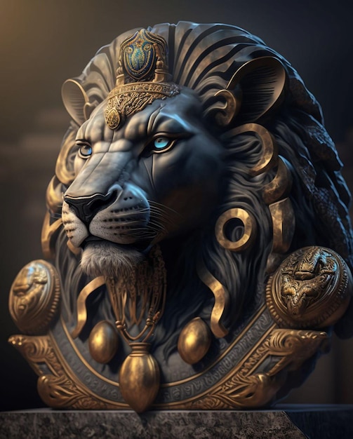 Een beeld van een leeuw met blauwe ogen en gouden accenten.