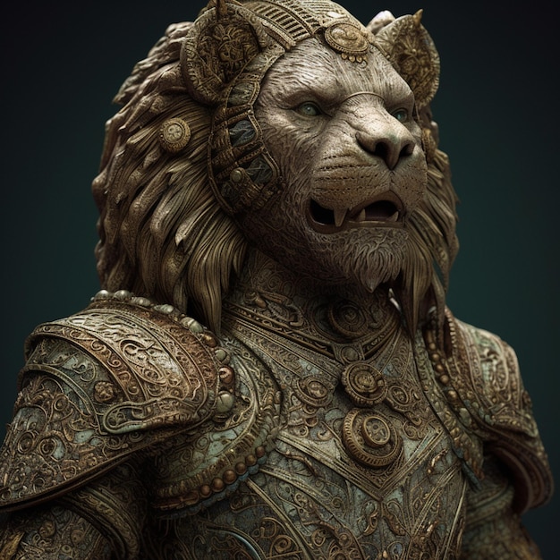 Een beeld van een leeuw met een gouden ketting om zijn nek.