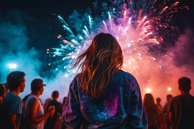 Een beeld van een meisje van achteren op een festival een menigte mensen regenboog rook en vuurwerk