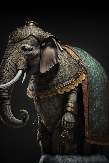 Een beeld van een olifant met een blauwe en gouden cape