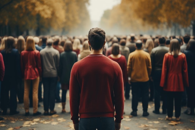 Een beeld van een onherkenbare man die met zijn rug voor hem staat en van wie veel mensen zich van hem afwenden op een stadsstraat Cancel cultuurconcept dat de samenleving negeert