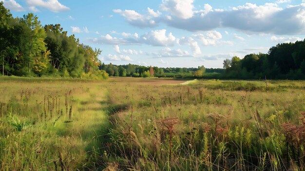 Foto een beeld van een prachtige zomerdag op het platteland er is een groot open veld van gras en wilde bloemen omringd door bomen