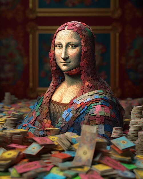 Een beeld van een vrouw met een kleurrijk mozaïek erop