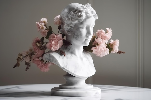 Een beeld van een vrouw met roze bloemen erop