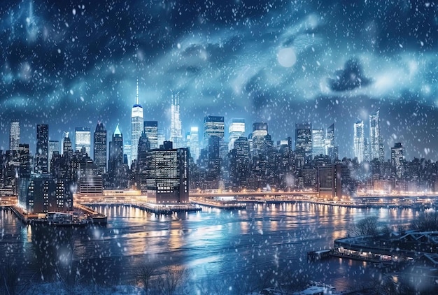 een beeld van New York City's nachts met sneeuw die in de stijl van panorama valt