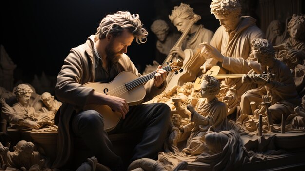 Foto een beeldhouwer die aan een meesterwerk werkt met behang op de achtergrond