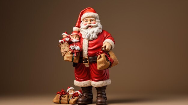 Een beeldje van de kerstman met een zak cadeautjes