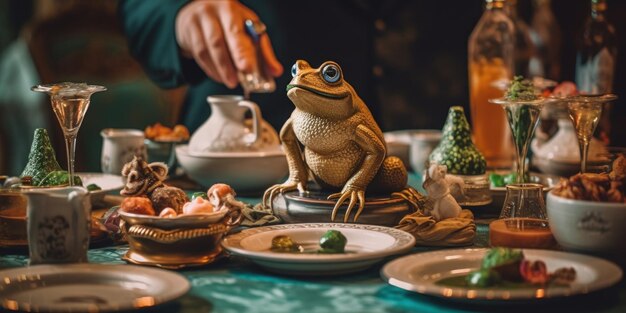 Een beeldje van een kikker die bovenop een tafel zit Generatief AI-beeld