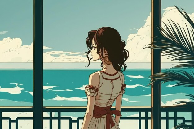 Een beeldschone Aziatische vrouw staat op het balkon en geniet van het uitzicht op zee