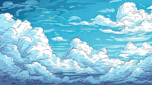 Een beeldverhaalillustratie van wolken in blauwe hemel