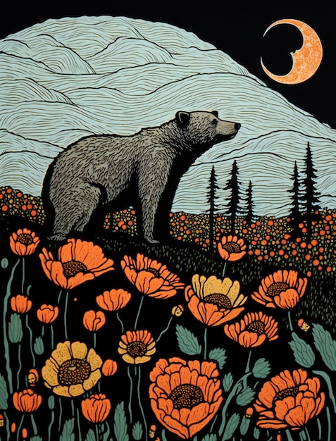 Een beer in een bloemenveld met de maan op de achtergrond.