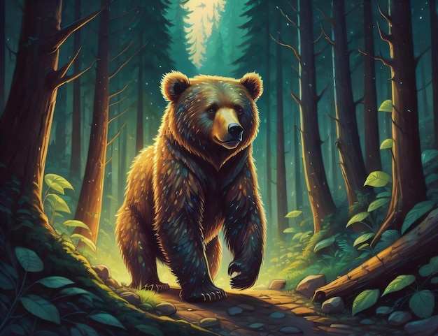 Een beer in een bos met een lampje op de bodem