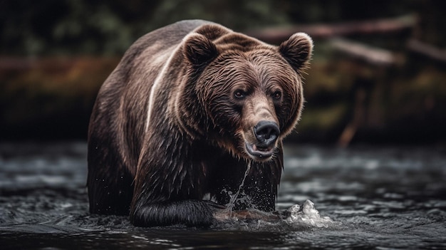 Een beer in een rivier met water eromheen