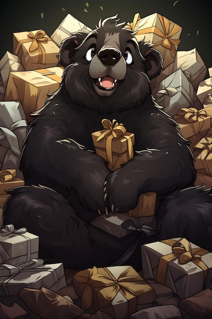 een beer met een heleboel cadeautjes om zijn nek