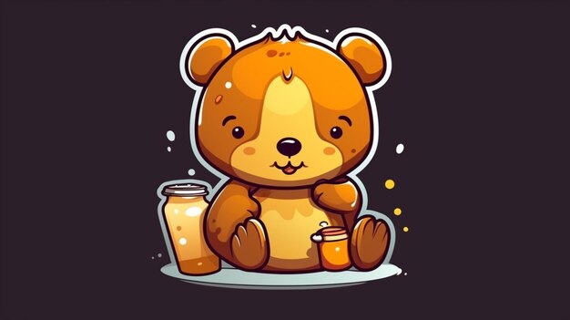 Een beer met een pot honing en een pot honing.