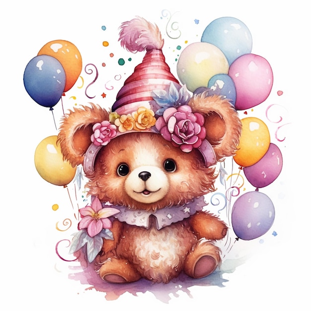 Een beer met feestmuts en een verjaardagshoed met ballonnen en confetti.