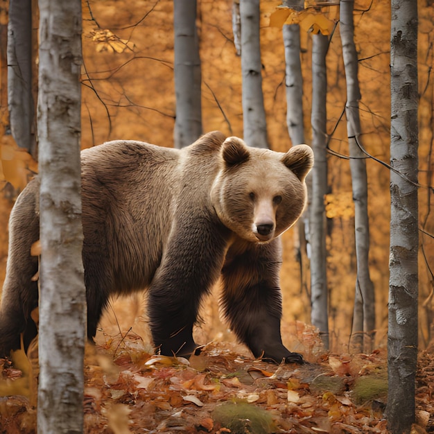 een beer staat in het bos met bomen op de achtergrond