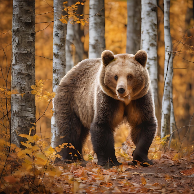een beer staat in het bos met een herfstblad op de achtergrond
