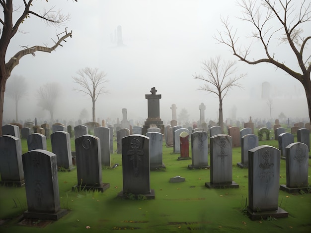 Een begraafplaats in de mist.