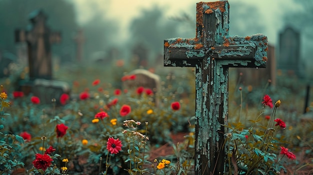 een begraafplaats met een ruw houten kruis