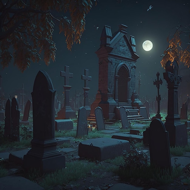 Een begraafplaats met een volle maan op de achtergrond.
