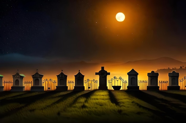 Een begraafplaats met een volle maan op de achtergrond