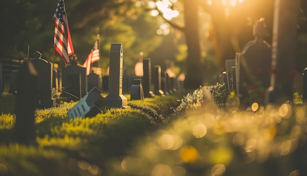 Foto een begraafplaats met veel amerikaanse vlaggen op het gras.