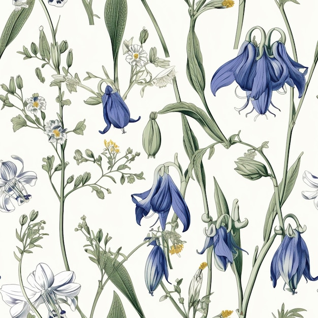 Een behang met blauwe en witte bloemen en een witte achtergrond.