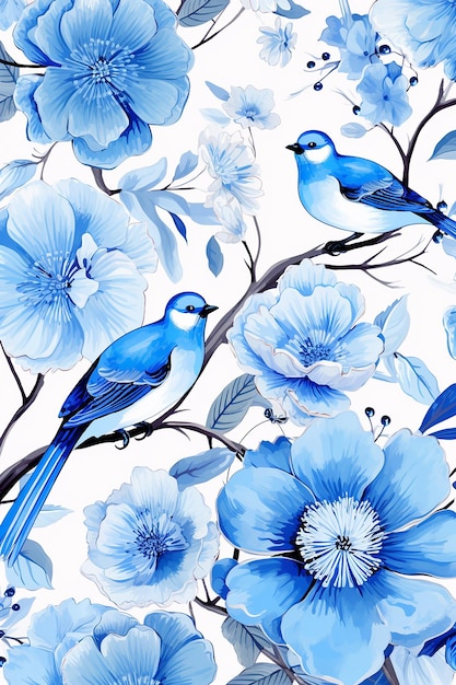 een behang met blauwe vogels en bloemen.