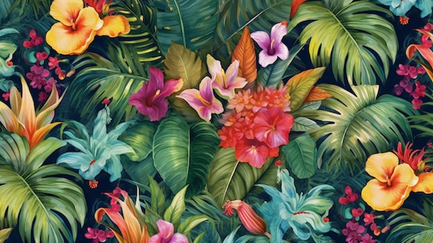 Een behang met een tropisch thema met heldere en weelderige kleuren van exotische bloemen en bladeren