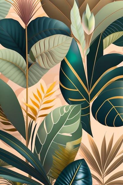 Een behang met tropische bladeren en een bladgoud patroon.