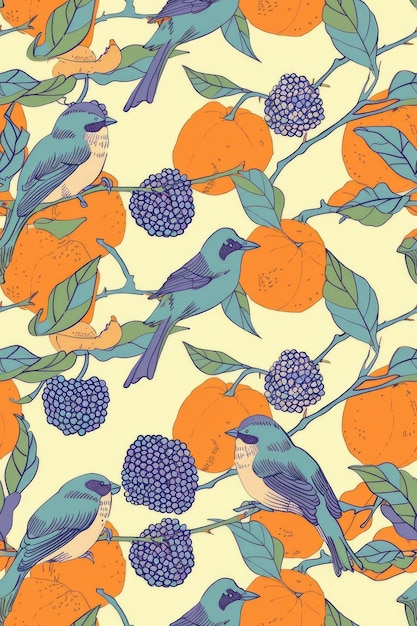 een behang met vogels en sinaasappels erop