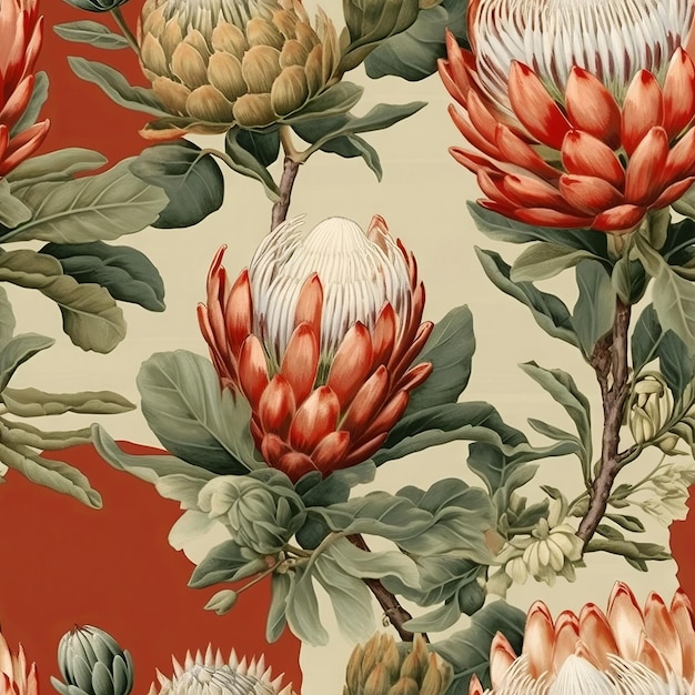 Een behang van protea's met een rode achtergrond
