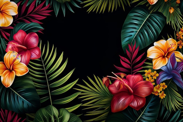 Een behang van tropische planten met een zwarte achtergrond