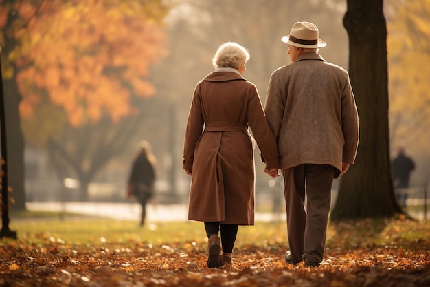 Een bejaard echtpaar dat handen vasthoudt en in een park loopt als symbool van blijvende liefde en gezelschap.