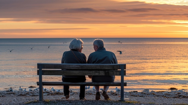 Een bejaard echtpaar geniet samen van de zonsondergang op een strandbank