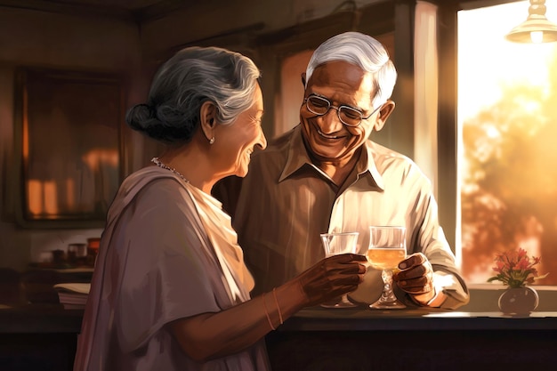 Een bejaard echtpaar geniet van een gesprek aan een tafel in een restaurant
