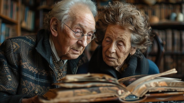 Foto een bejaard echtpaar kijkt naar een familiefoto op de achtergrond