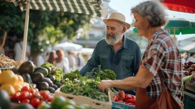 Foto een bejaard echtpaar koopt verse groenten op een boerenmarkt. ze glimlachen en lijken te genieten van hun gesprek.