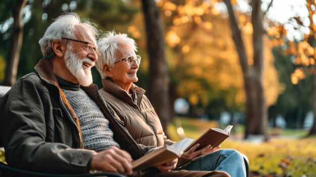 Foto een bejaard echtpaar leest samen in het autumn park