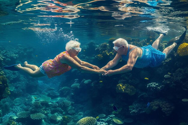 Een bejaard echtpaar onderwater reizigers