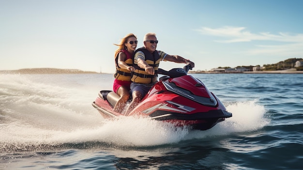 Foto een bejaard echtpaar op een jet ski generative ai