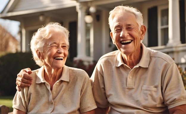 Een bejaard echtpaar zit voor het huis met gelukkige glimlachende uitdrukkingen generatieve ai