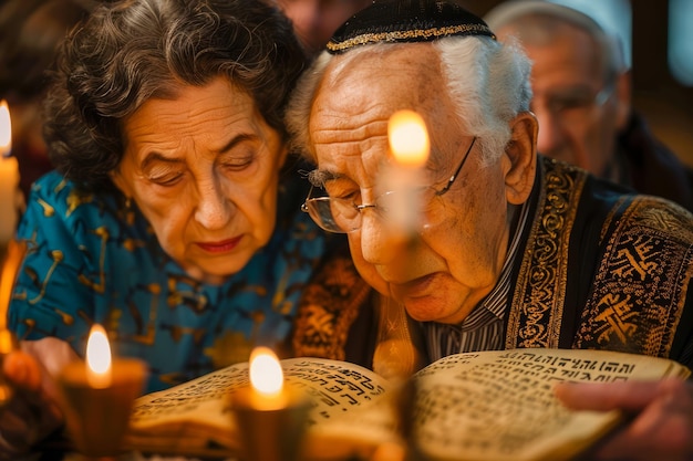 Een bejaard Joods echtpaar bidt intiem samen over de Heilige Schrift bij kaarslicht