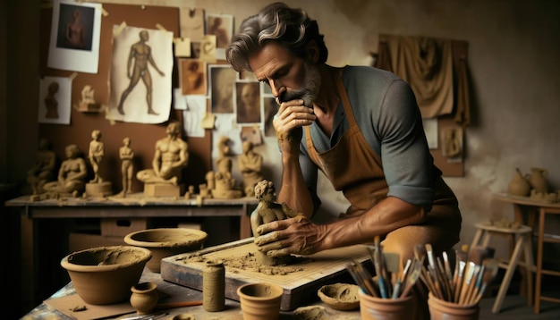 Een bejaarde beeldhouwer vormt klei met bekwame handen en maakt kunst in een serene pottenbakkersstudio