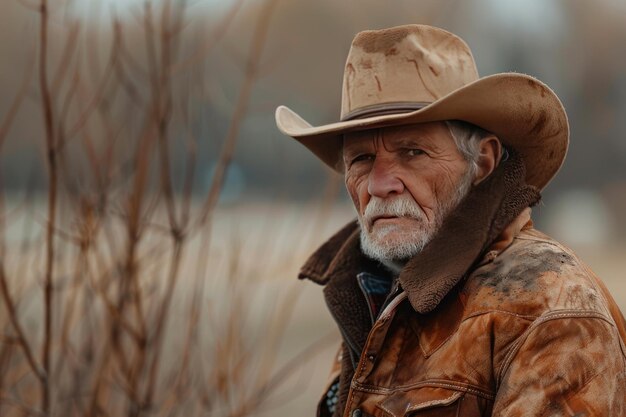 Foto een bejaarde cowboy in warme kleren bij de rivier.