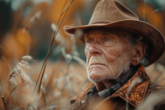 Foto een bejaarde cowboy op de prairie.