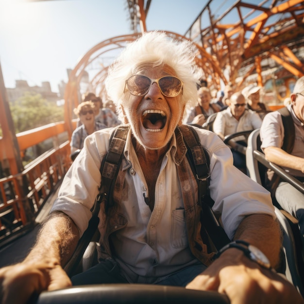 een bejaarde die geniet van het pretpark