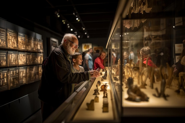 Een bejaarde gids toont kinderen in het museum het actieve leven van ouderen