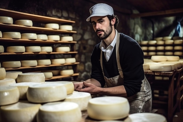 Een bejaarde kaasmaker controleert de kwaliteit van de kaas Zelfgemaakte kaasproductie